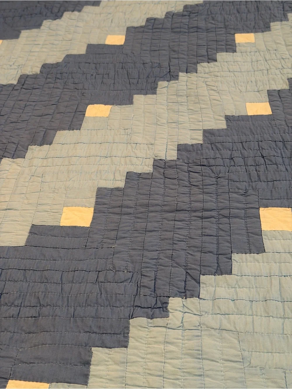 Vintage blue white geometric block rustic Log cabin quilt 89”x79” sunshine shado